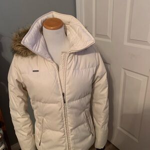 Columbia Cream Puffer Jacket with Faux Fur Hood